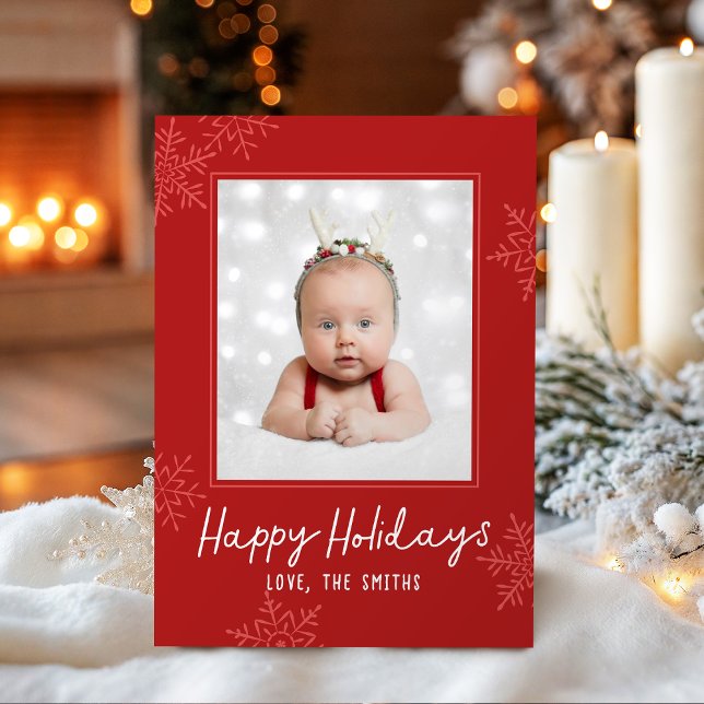 Cartão De Festividades Simple Happy Holidays Script Snowflakes Photo (Simple Happy Holidays Script Snowflakes Photo Holiday Card)