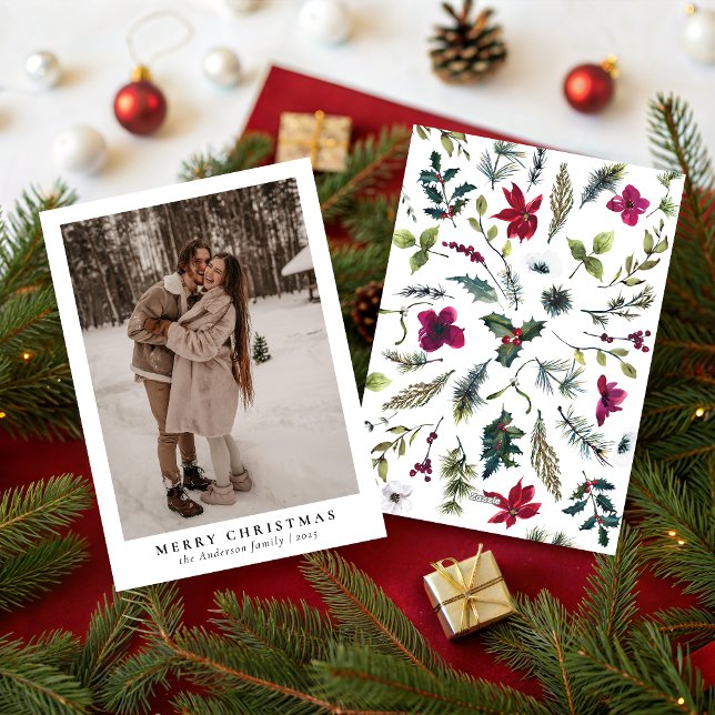 Cartão De Festividades Simple Minimal 1 Photo Botanical Merry Christmas (Criador carregado)