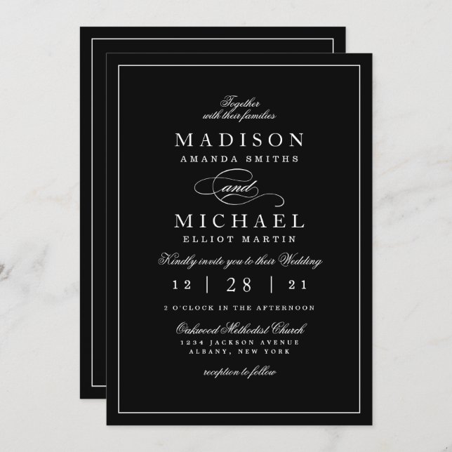 Cartão De Festividades Simple Modern Black and White Wedding Invitation (Frente/Verso)