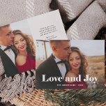Cartão De Festividades Simple Modern | Love and Joy with Photo<br><div class="desc">This simple and stylish holiday photo card says "Love and Joy" in bold,  white elegant modern typography with your favorite personal family photo across the front of the card. Your personal holiday message can go on the back,  with a minimalist black and white design.</div>