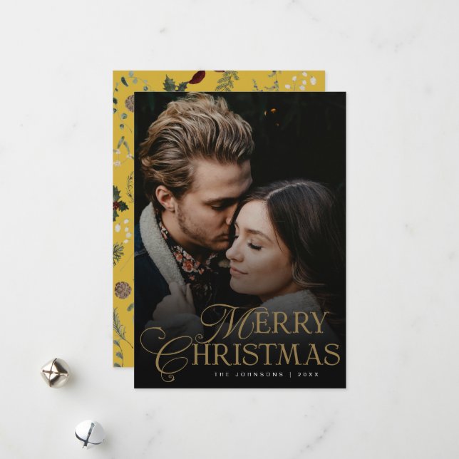 Cartão De Festividades Simple Modern Typography 1 Photo Gold Christmas (Frente/Verso In Situ)