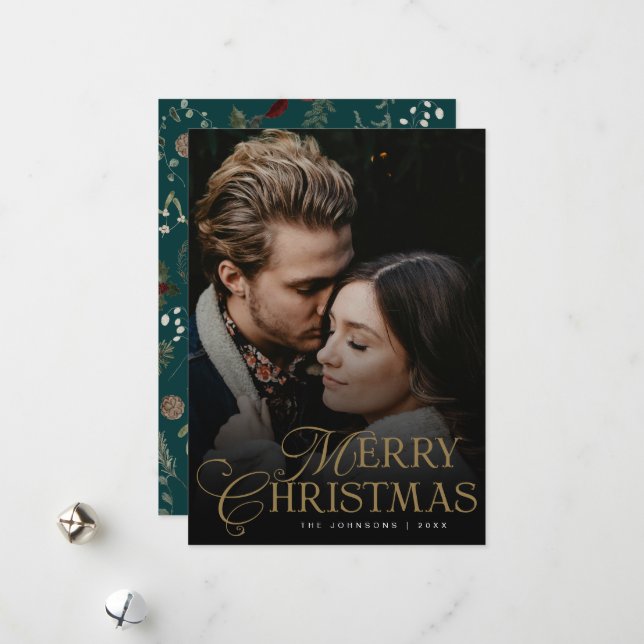 Cartão De Festividades Simple Modern Typography 1 Photo Green Christmas (Frente/Verso In Situ)
