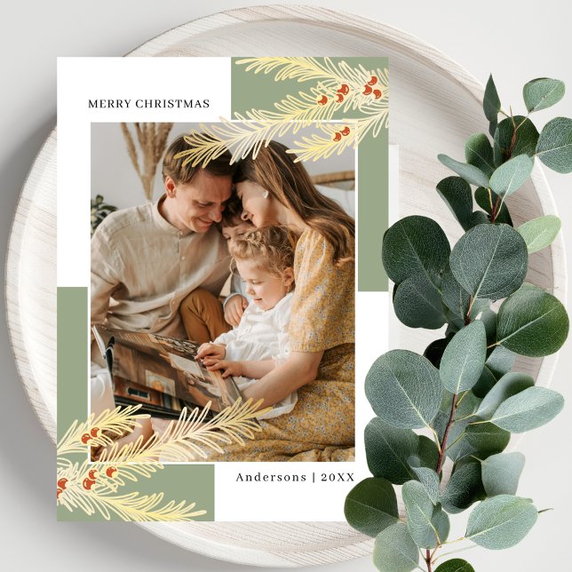 Cartão De Festividades Simple Pine Branches Gold &  Green Photo Christmas (Criador carregado)