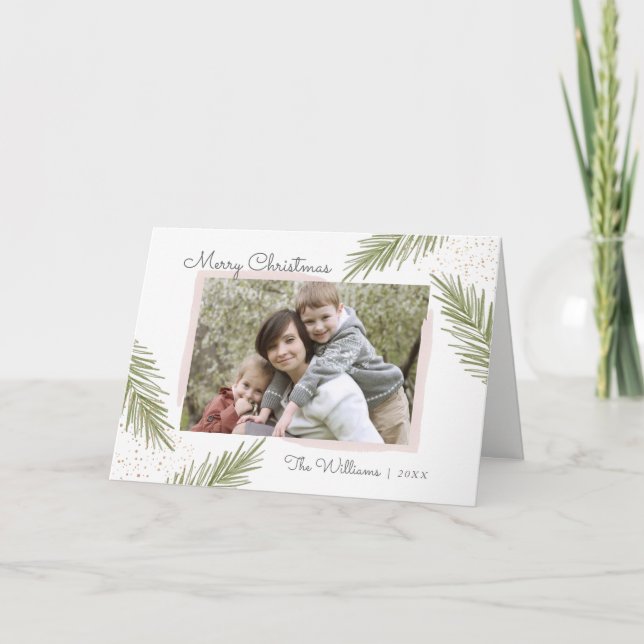 Cartão De Festividades Simple Pines Blush, Christmas Photo Greeting Card (Frente)