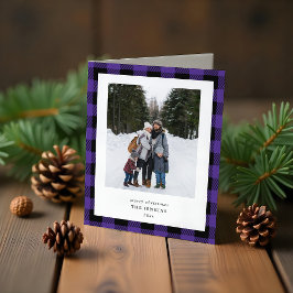 Cartão De Festividades Simple Purple Black Plaid Border 3 Photo Christmas