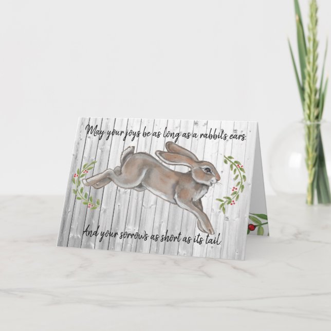 Cartão De Festividades Simple Rustic Rabbit Leaf Wood Christmas New Years (Frente)