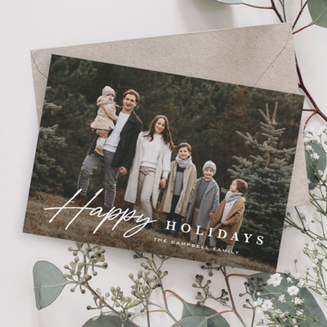Cartão De Festividades Simple Script 3 Foto Feliz (Simple Script Happy Holiday Photo Card with elegant typographic overlay.)