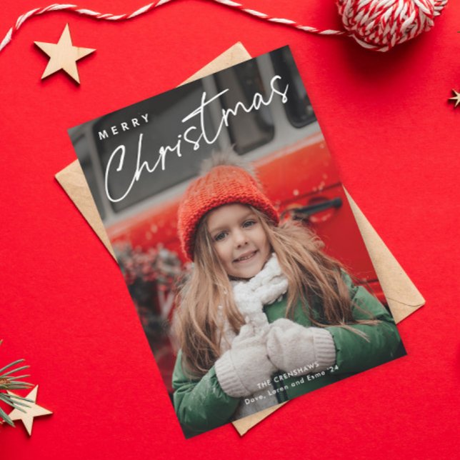 Cartão De Festividades Simple Script Feliz Natal 3 Foto  (Simple Merry Christmas Script 3 Photo Holiday Card.)