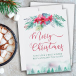 Cartão De Festividades Simple Winter Forest and Poinsettia Watercolor<br><div class="desc">Simple and elegant Holiday Card, personalized with your message and name(s). This watercolor design has a forest of fir trees and a floral garland with poinsettias, winter foliage, berries and sprigs of pine. Merry Christmas is hand lettered in swirly calligraphy and your custom text is printed in modern typography. Please...</div>
