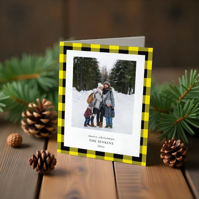 Cartão De Festividades Simple Yellow Black Plaid Border 3 Photo Christmas (Criador carregado)