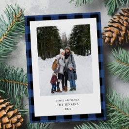 Cartão De Festividades Simples Blue Black Xadrez Border 2 Photos Christma