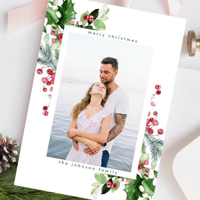 Cartão De Festividades Simples Branco Neve Aquarela Verde Uma Foto (Criador carregado)