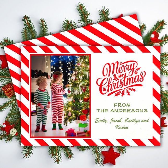 Cartão De Festividades Simples Cane De Candy Tirada Feliz Foto De Natal (Simple Candy Cane Striped Merry Christmas Photo Holiday Card)