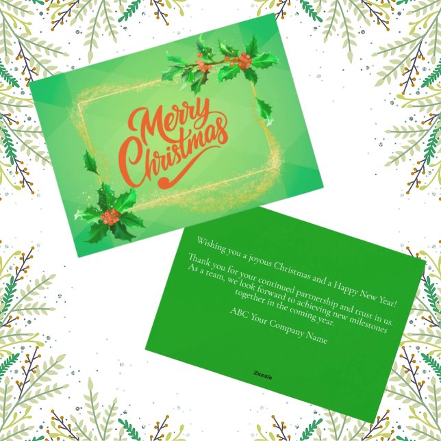 Cartão De Festividades Simples e Moderno Natal Verde para Clientes (Simple modern corporate Christmas card for business clients. Easy to personalize message on the back)