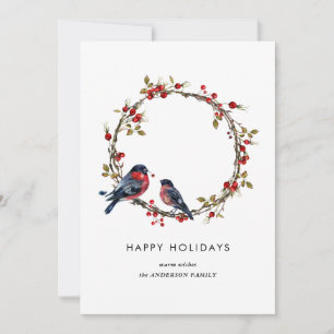 Cartão De Festividades Simples Elegante Bird Holly Berry Wreath