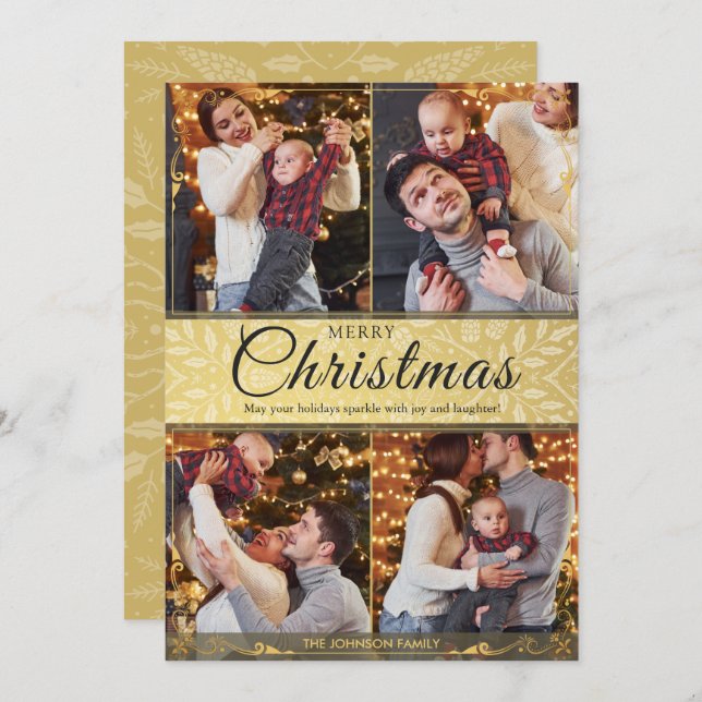 Cartão De Festividades Simples Elegante Dourado Quadro 4 Foto Natal (Frente/Verso)