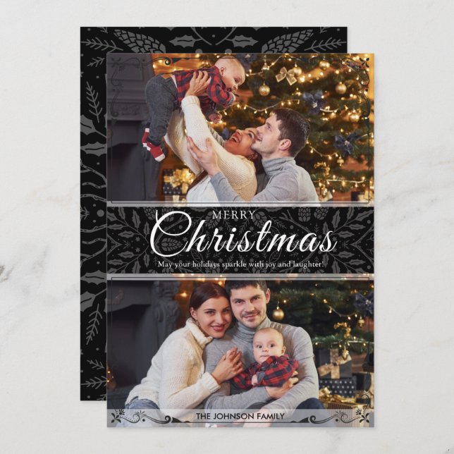 Cartão De Festividades Simples Elegante Preto Quadro 2 Foto Natal (Frente/Verso)