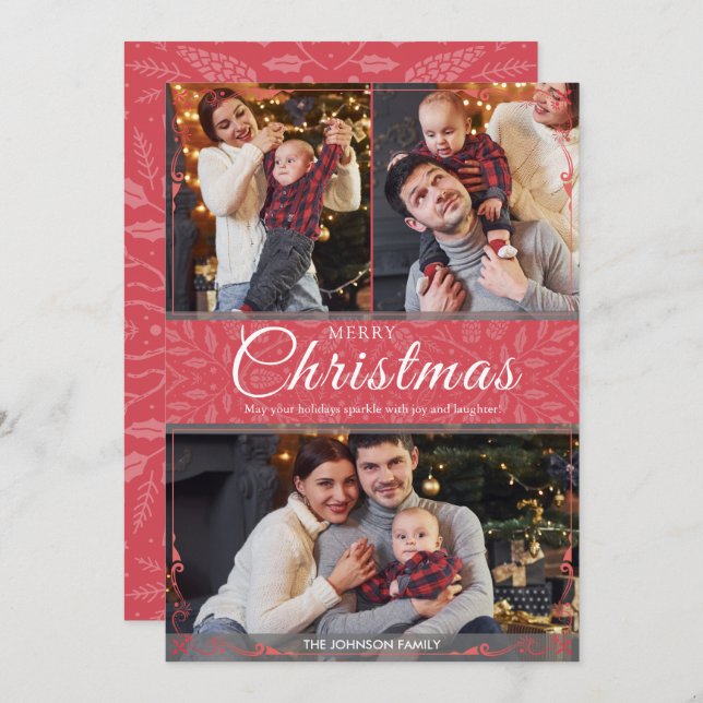 Cartão De Festividades Simples Elegante Red Frame 3 Foto Natal (Frente/Verso)