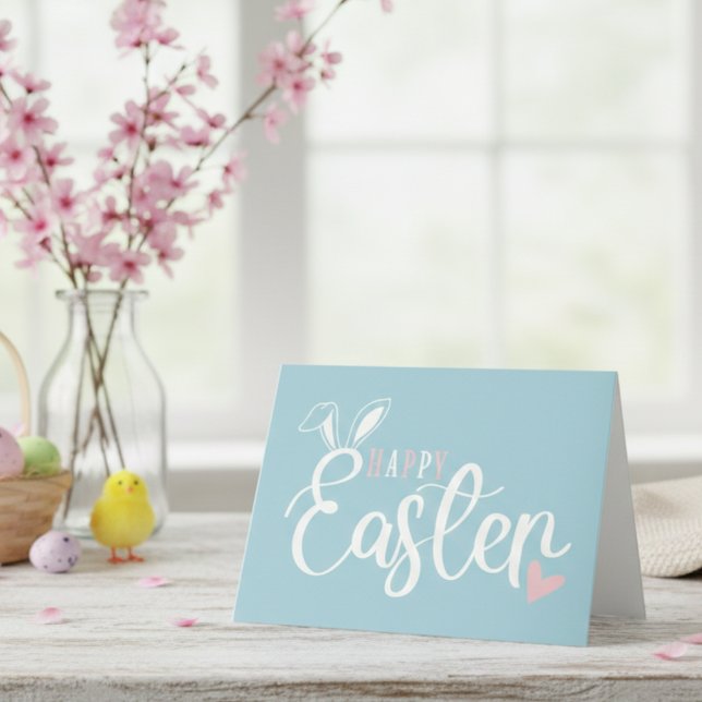 Cartão De Festividades Simples Felz pascoa rosa e azul-esbranquiçado (Simple Pastel Pink & Blue Cute Happy Easter Holiday Card)