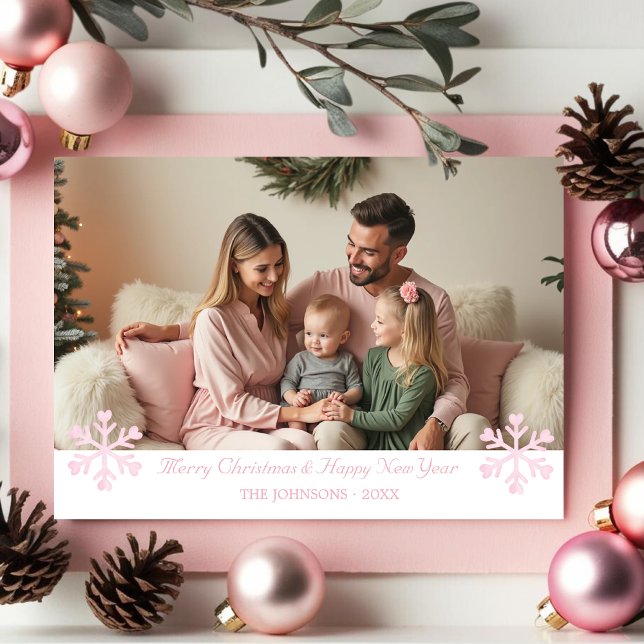 Cartão De Festividades Simples Flocos de Neve Rosa Rosa, Um Feriado Fotog (Simple Elegant Pink Snowflakes one photo Holiday)