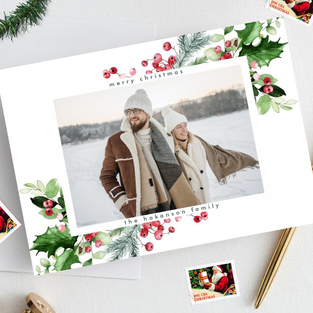 Cartão De Festividades Simples Foto Branco Verde de Natal Moderno (Criador carregado)