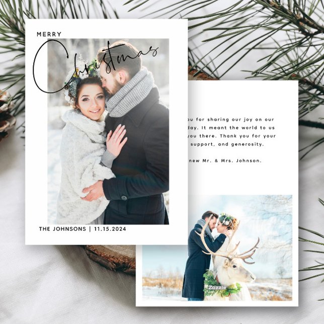 Cartão De Festividades Simples Foto De Casamento De Natal De 1rua Obrigad (Easily personalize this holiday wedding thank you card with 2 wedding photos and your deets!)