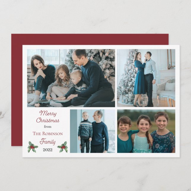 Cartão De Festividades Simples Holly Berries Feliz Natal 4 Foto (Frente/Verso)