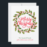 Cartão De Festividades Simples Holly Wreath Modern<br><div class="desc">Envie alegria de férias com este cartão de Natal plano, não fotográfico, com um simples design com uma cor d'água pintada como uma coroa verde oca. O dentro da coroa tem a saudação de "Feliz Natal" e abaixo está seu nome familiar em verde e seus nomes individuais em vermelho. O...</div>