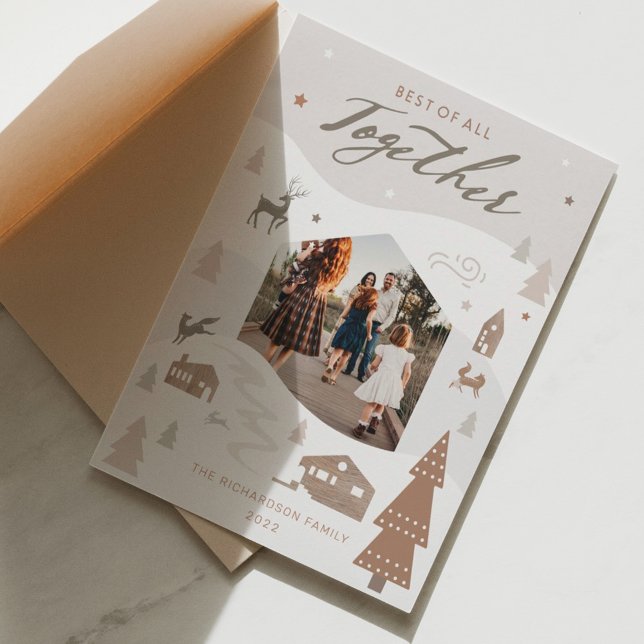 Cartão De Festividades Simples Joy Woodland Animal & Cozy Village Foto (Criador carregado)