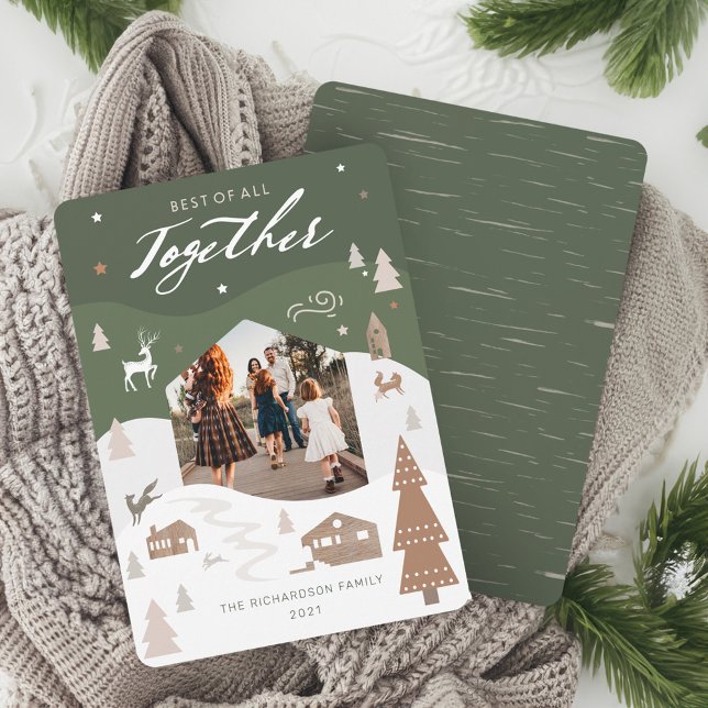 Cartão De Festividades Simples Joy Woodland Animal & Cozy Village Foto (Simple Joy Woodland Animals & Cozy Village Photo Holiday Card)