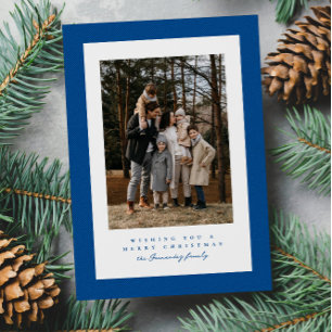 Cartão De Festividades Simples moldura de tweed azul para foto de Natal