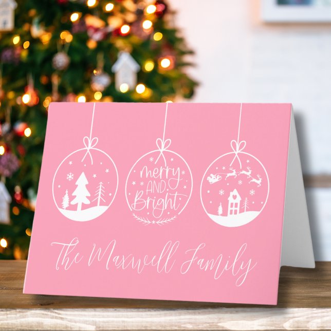 Cartão De Festividades Simples Natal Rosa Moderno (Simple Modern Pink Merry And Bright Holiday Card)