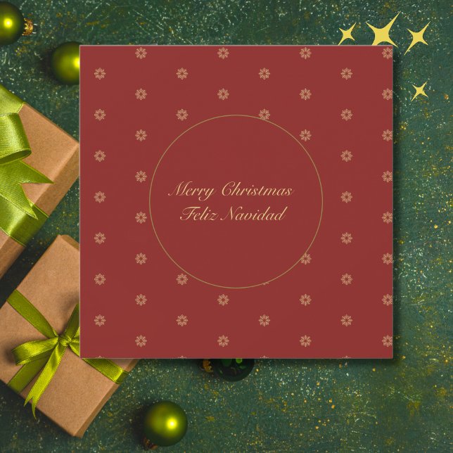 Cartão De Festividades Simples Natal Vermelho e Ouro Bilíngue (Spanish Christmas card red, custom family name, text & bilingual text.)