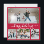 Cartão De Festividades Simples Red White 4 Photo Collage Happy<br><div class="desc">Caligrafia Elegante, Cartão de Script de Feriado Feliz para Colagem de Fotos Vermelha e Branca 4 Minimalista. Este cartão festivo e simples de Natal de quatro (4) fotos apresenta uma bonito colagem fotográfica e diz "Felizes Férias"! O texto de saudação "Felizes Feriados" é escrito em um belo tipo de letra...</div>