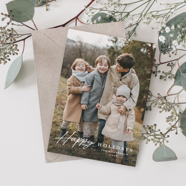 Cartão De Festividades Simples Script 3 Photo Happy (Simple script photo holiday card with elegant typographic overlay.)