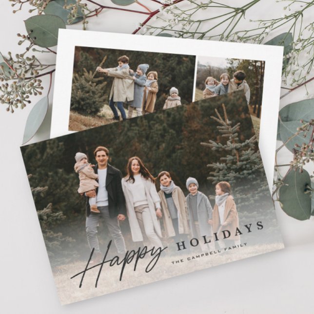 Cartão De Festividades Simples Script 3 Photo Happy (Modern script happy holidays typography photo holiday card.)
