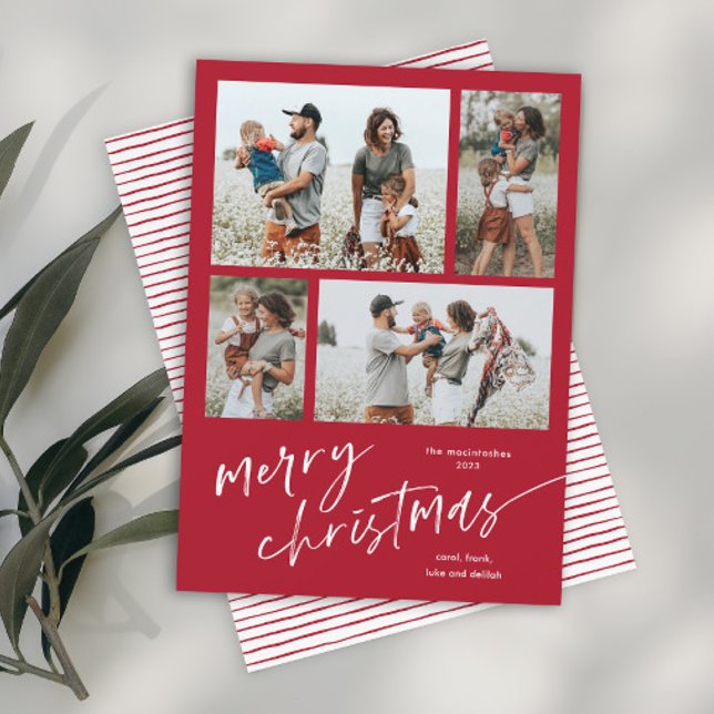 Cartão De Festividades Simples Script de Colagem de Fotografias Feliz Nat (Simple red and white modern merry christmas script photo holiday card with matching stripe backer.)
