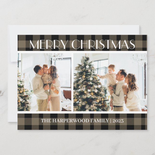 Cartão De Festividades Simples Xadrez Moderna Família Natal Duas Foto (Frente)