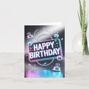 Cartão De Festividades Sinal de Neon "Feliz Aniversário" 3D Futurista