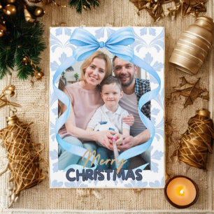 Cartão De Festividades Sino de Laço Azul em Aquarela Foto de Natal Antiga