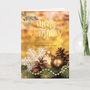 Cartão De Festividades Sino de Natal Dourado, Bolas, Floco de Neve, Pinha