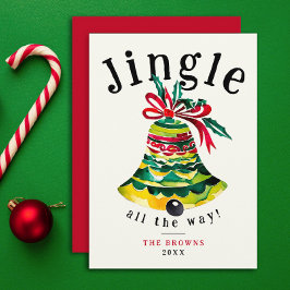 Cartão De Festividades Sino de Natal Jingle Arco Vermelho e Verde Aquarel