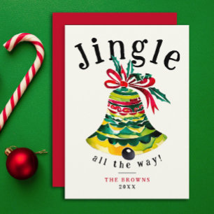 Cartão De Festividades Sino de Natal Jingle Arco Vermelho e Verde Aquarel
