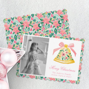 Cartão De Festividades Sino de Natal Rosa e Verde Preppy Palm Beach