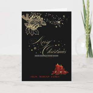 Cartão De Festividades Sinos de Natal a Dourado,Vela Feliz Natal