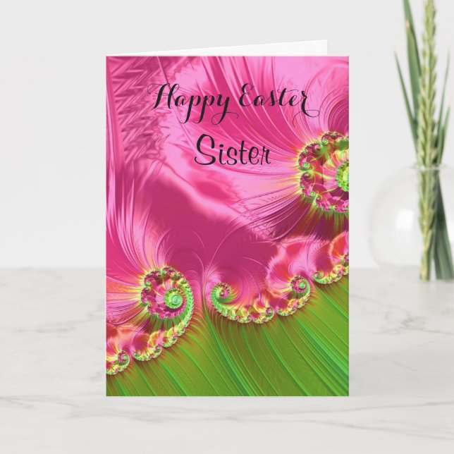 Cartão De Festividades Sister / Happy Easter - Pink/Lime Green Fractal (Frente)