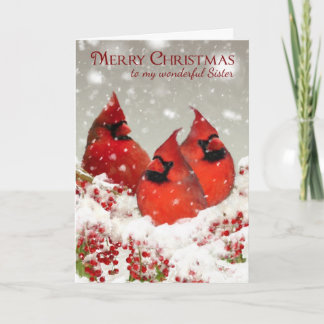 Cartão De Festividades Sister, Oil Painted Red Cardinals In Snow Scenery