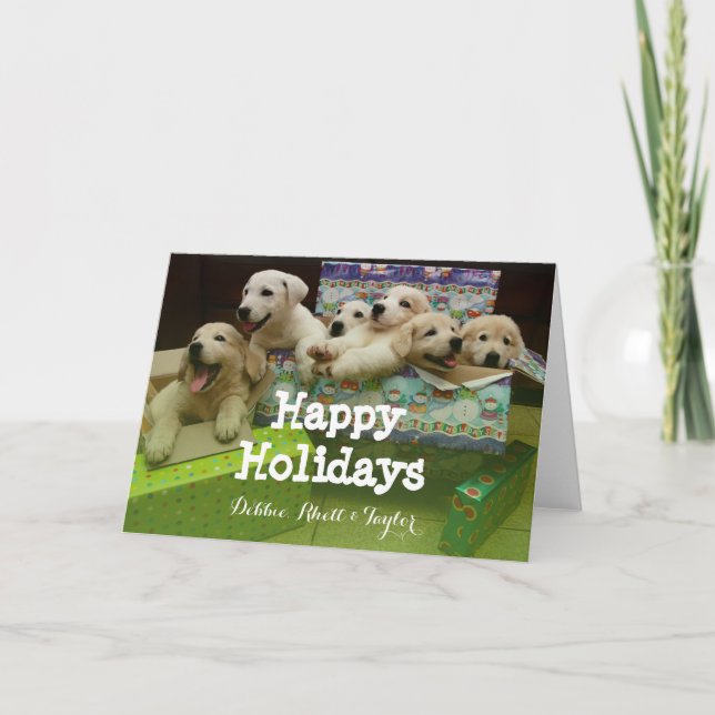 Cartão De Festividades Six puppies sit in Christmas boxes (Frente)