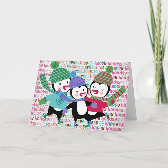 Cartão De Festividades Skating Penguins Holiday Greeting Card (Frente)