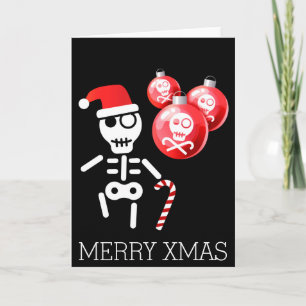 Cartão De Festividades Skeleton with candy cane, santa hat